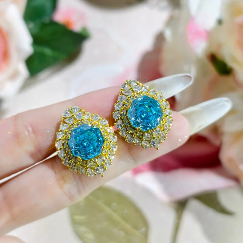 

High-end New Octagonal Rose Cut Plated Aquamarine Zircon Large Carat Gold Luxury Full Diamond Jewelry Three-piece Set
