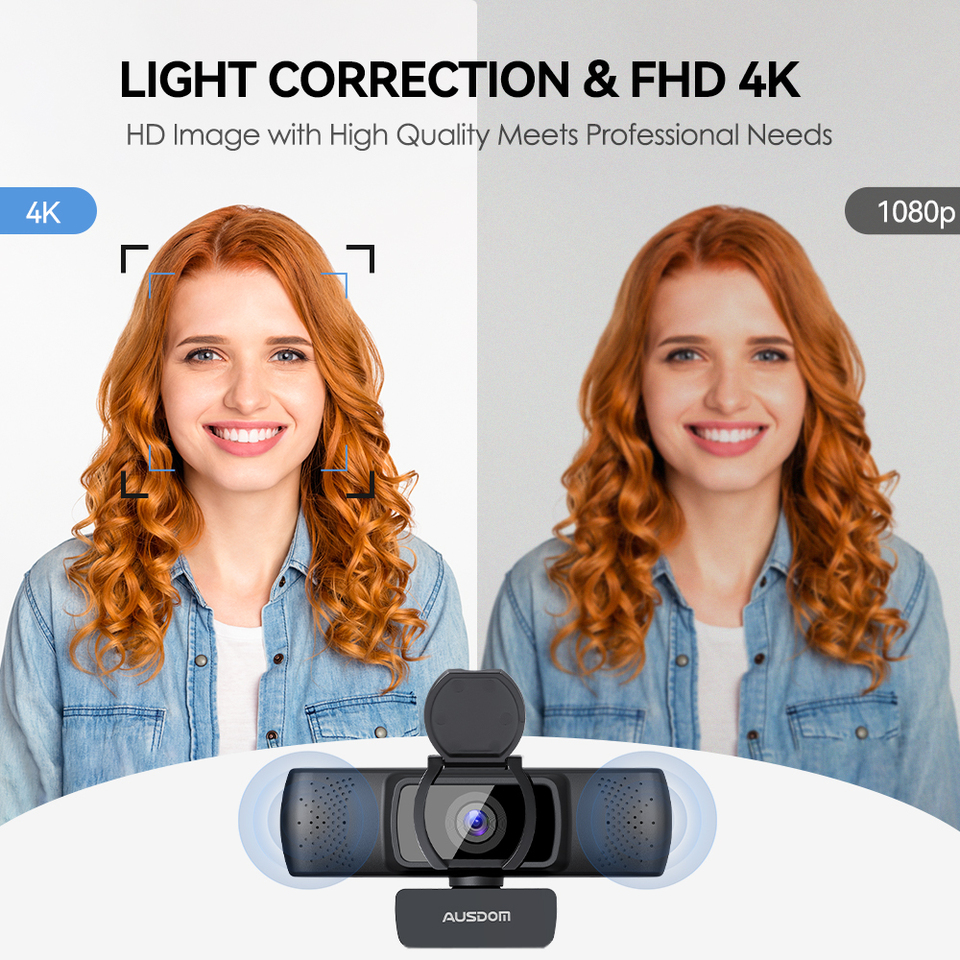 AUSDOM 4K AF640 UHD Autofocus Webcam With Privacy Cover 90° Business Web Camera With Dual Noise Reduction Mics For Windows/Mac