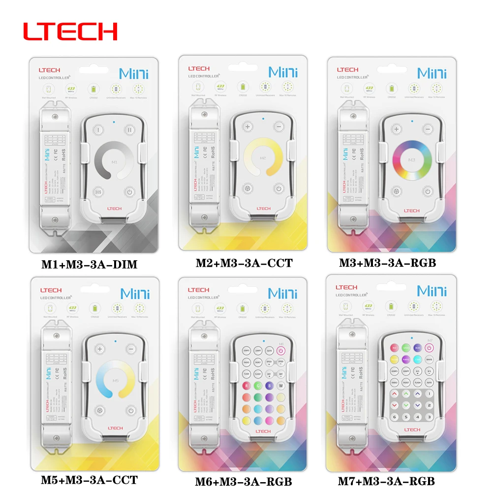 

LTECH M1 + M3-3A DC12-24V RF433MHz однозонный светодиодный контроллер 3в1 диммер для одноцветных/двухцветных RGB CCT COB светодиодных лент управления