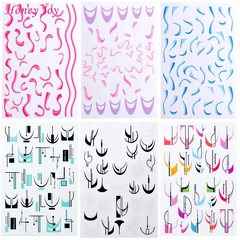 

1pc French Nail Art Stickers 3D Self-Adhesive Nail Decals Design Colorful Wavy Stripe Lines Black Acrylic Nails Tips Decoration