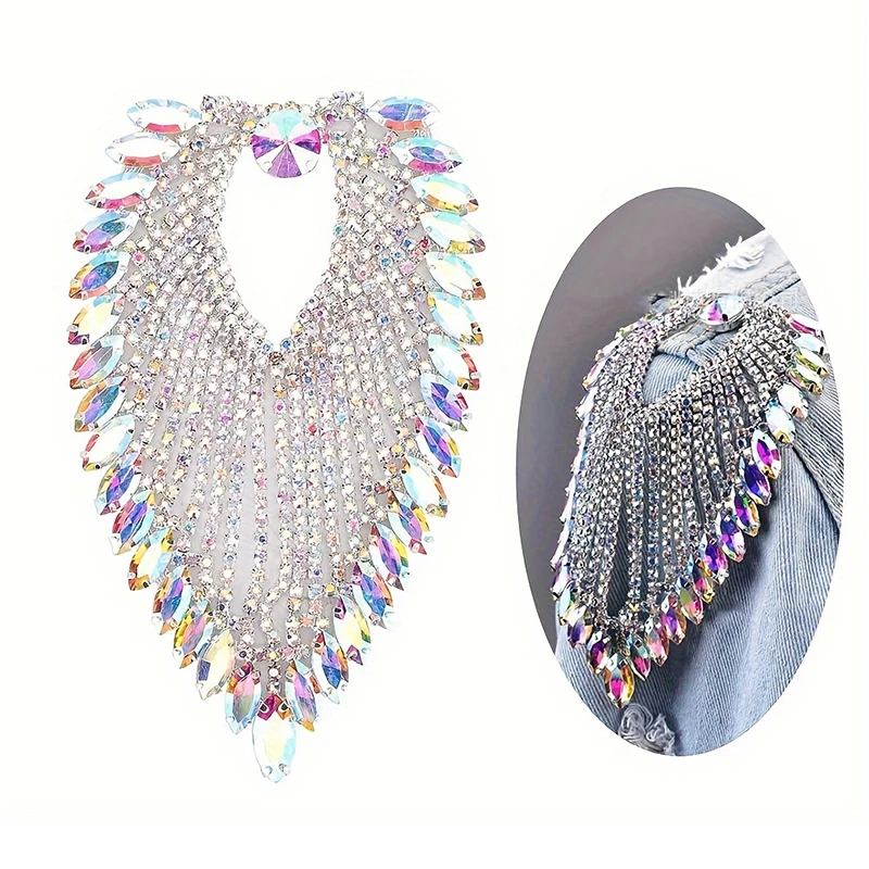 High Quality Sew On Shoulder Tassel Applique Clear Crystal Rhinestone Applique Wedding Dress Decoration