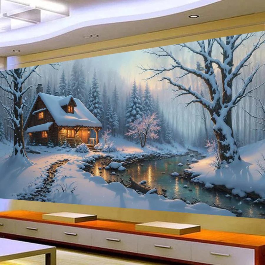 

Snow House Large Size Diy Diamond Arts Painting Kits Winter Forest Scenery Full Drill Mosaic Embroidery Pictures Wall Decor