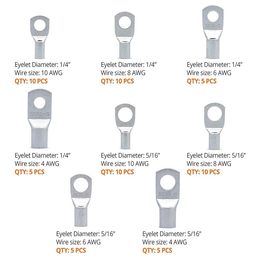 60 PCS Tinned Copper Wire Lugs Kit - Battery Lugs - Crimp Battery Cable Ends - Ring Terminals - 10-4 Gauge