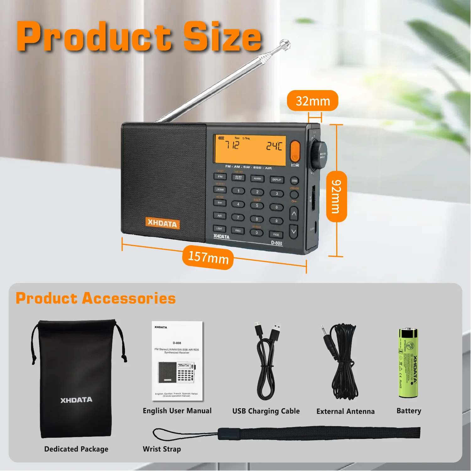 XHDATA D-808 AM/FM/SW/MW SSB AIR RDS Full Band Portable Radio with Multifunction Deep Sound Stereo Rechargeable Radio Receiver