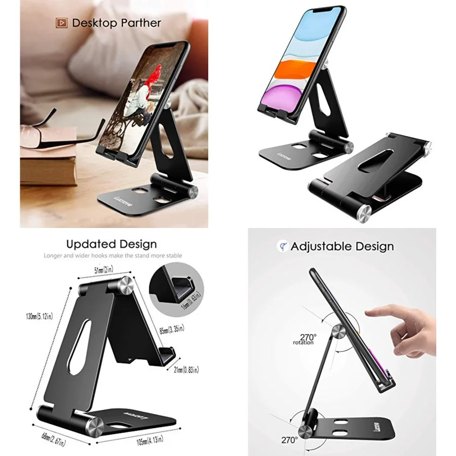 

Cell Phone Stand, Updated Adjustable Desktop Phone Holder Cradle, Fully Foldable, Thick Case Friendly, Portable Aluminum Compat