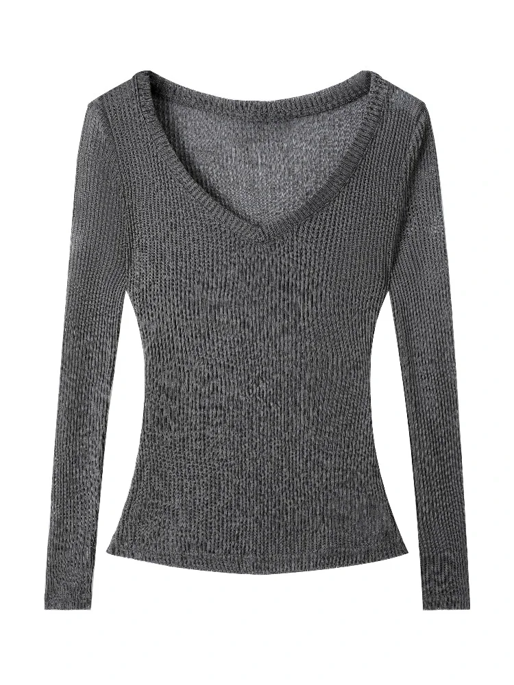 Dünnes Sonnenschutz-Langarmshirt 2026 Sommer Neu V-Ausschnitt Damen T-Shirt Lässiger Stil Durchsichtig Einfarbiges Überzug-Top – Detail 5