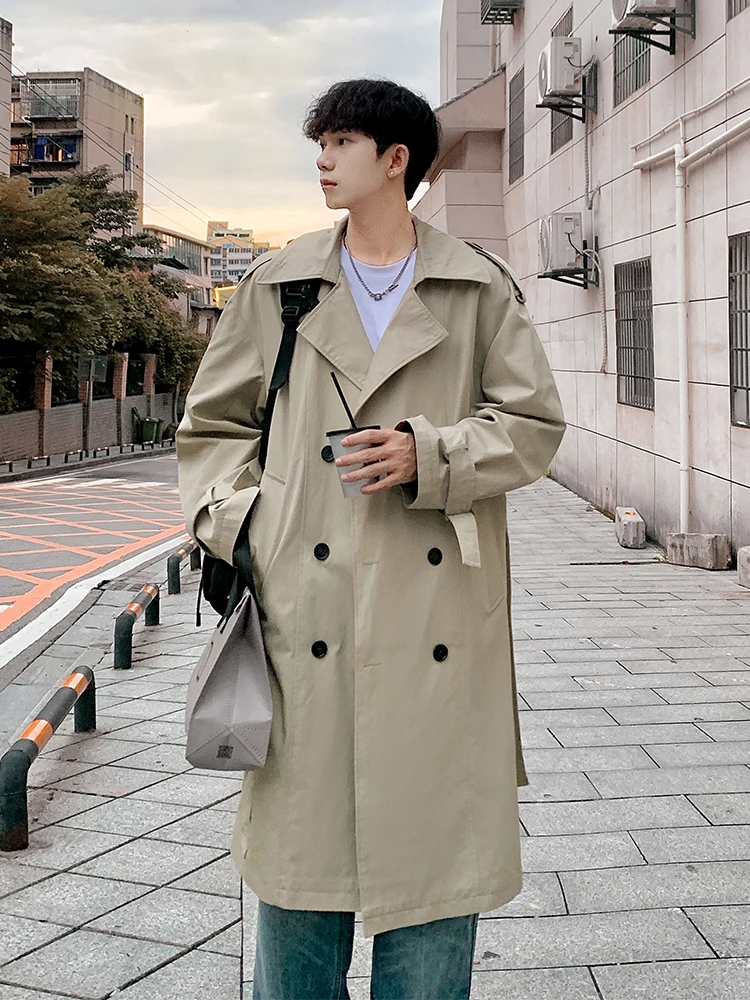 

Cool Style Men's Long over Knee Double Breasted Windbreaker Coat Autumn Fashion Youth Polyester Waterproof No Ironing Required