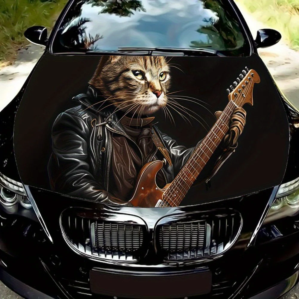 

Cat Guitar in Leather Jacket Cool Art Car Hood Decal - Durable PVC Vehicle, Motorcycle & Car Hood Sticker, Self-Adhesive Waterpr