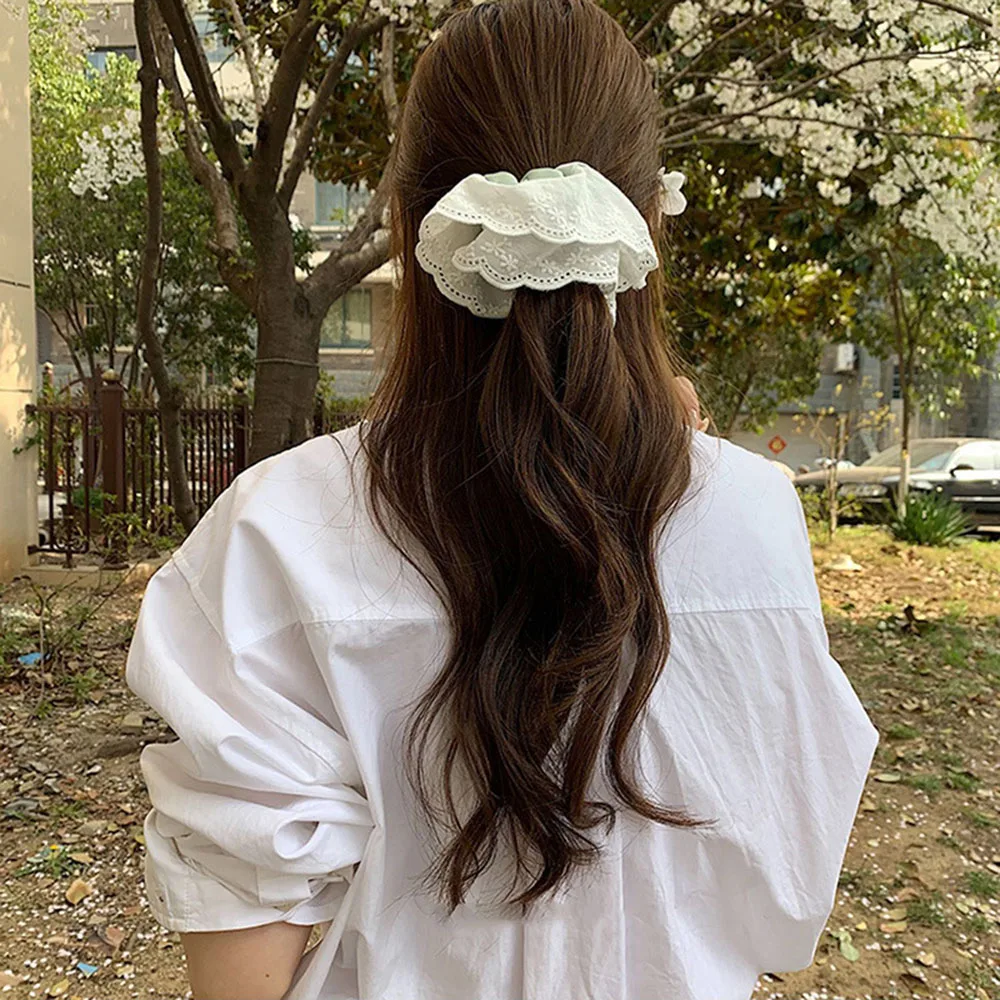 Korean New Fresh Green Lace Girly Scrunchie Large Ruffled Hair Accessory Vintage Ballet-Style Satin Elastic Hair Rope