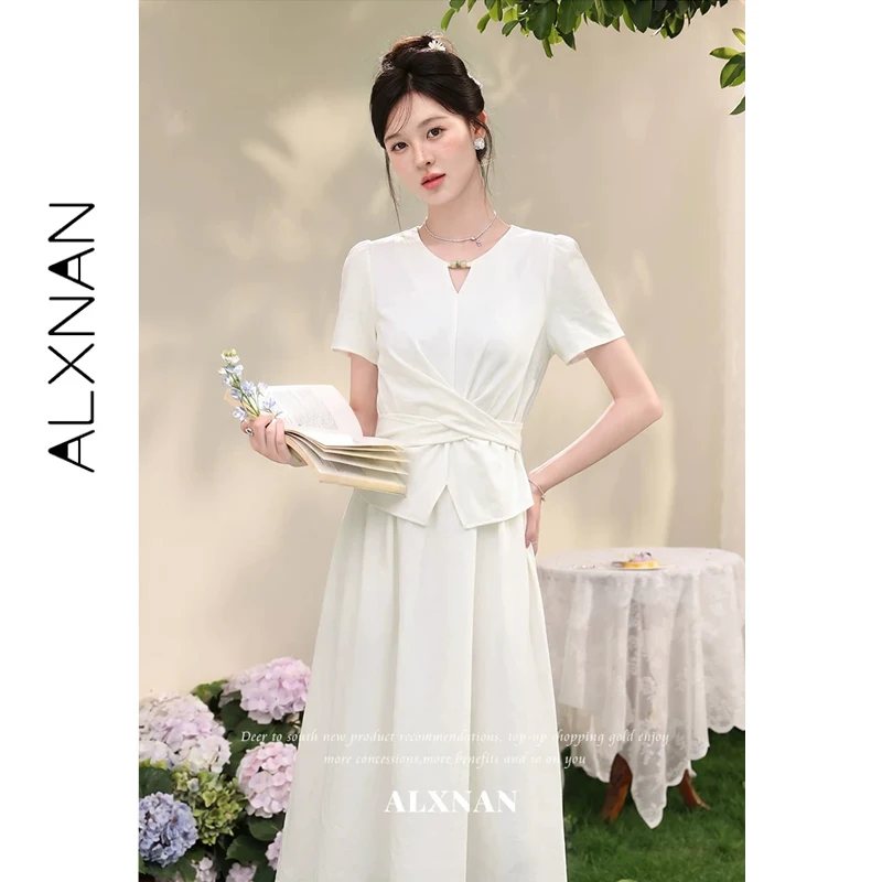 

ALXNAN Off-white Dresses Women Round Neck Beaded Cross Waist Pleated Faux Two-piece Dress 2026 Summer Female Dress DYL662791