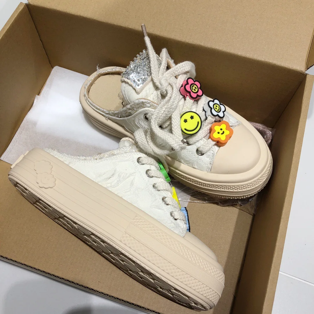 Dave&Di Fashion Blogger Smiley  Pathwork  Casual Cartoon Shoes Ladies Summer Canvas Sneakers Shoes Women Slippers