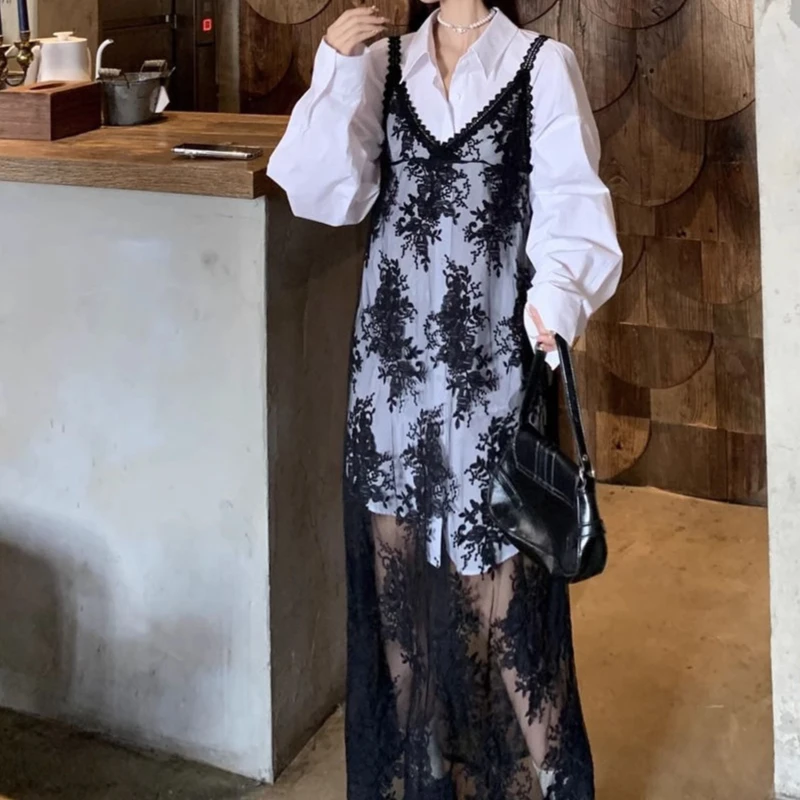 

Embroidered Lace Lace Strap Dress Women's Spring New High End Stacked Black Long Dress