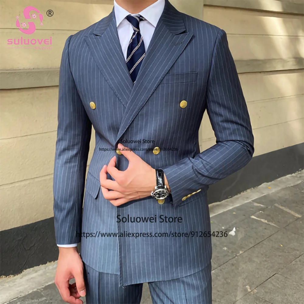 Klassische Business gestreifte Anzüge für Männer Slim Fit 2 Stück Hosen Set formelle Bräutigam Hochzeit Dinner Party Abschluss ball Zweireiher