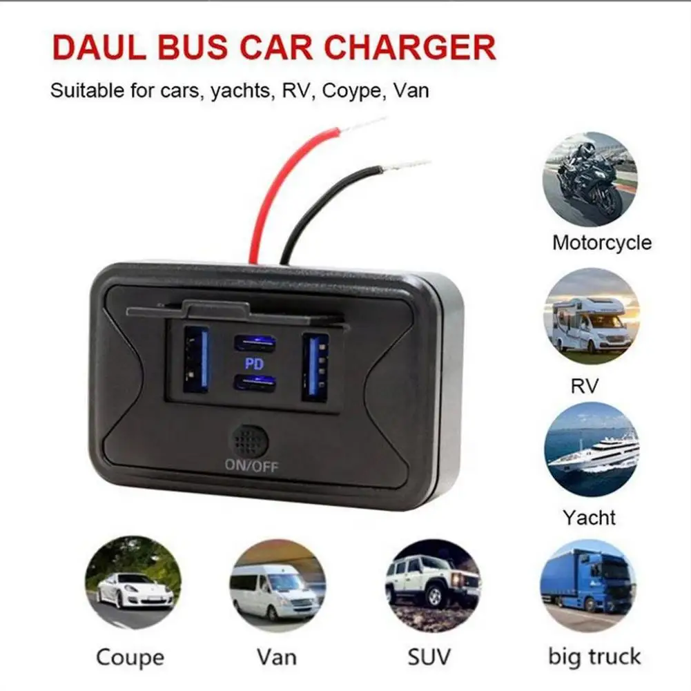 Pengisi Daya Mobil Empat Port dengan Pengisian Cepat Dual PD Dual USB dan Tampilan Tegangan Cocok untuk Mobil, Kapal Pesiar, dan RV