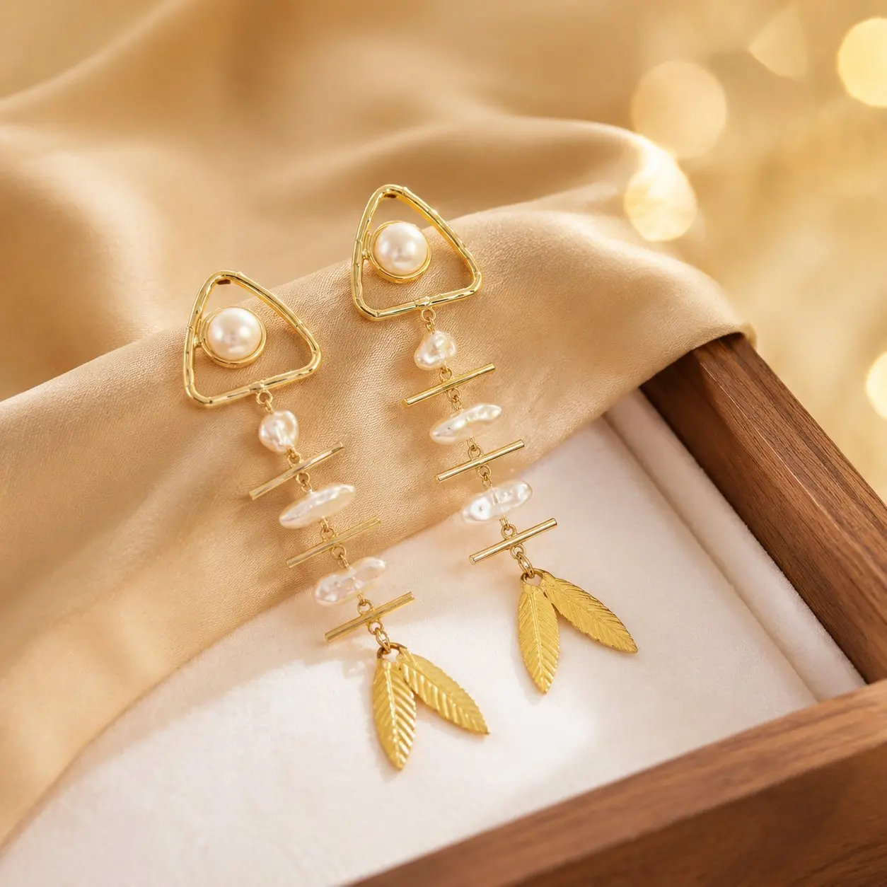 Unique Designed Golden Fish Bones Pearl Dangle Earrings For Women Fashion Ears Accessories Jewelry Party Vacation Wear Lady Gift