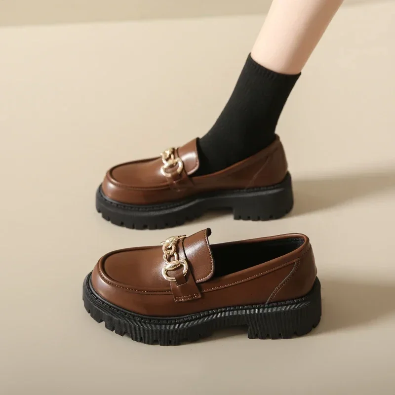 2024 Chunky Loafers Women  Pu Leather Platform Shoes Round Toe Metal Chain Ladies Flats