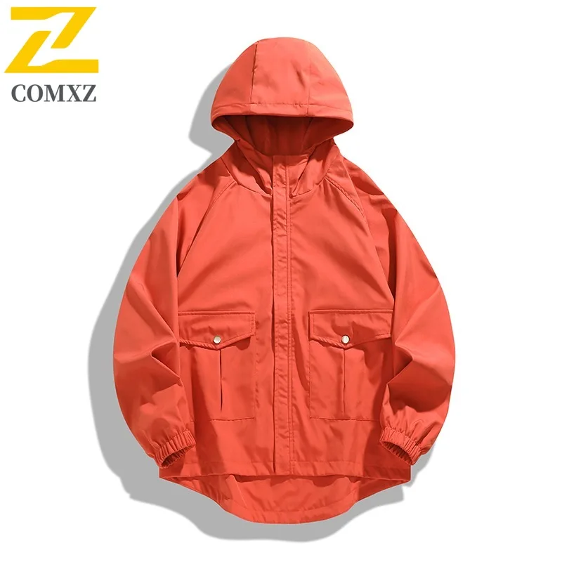 

COMXZ 2025 Mens Workwear Jacket Spring Autumn Loose Fit Casual Hooded Japanese Style Minimalist Large Pocket Coat
