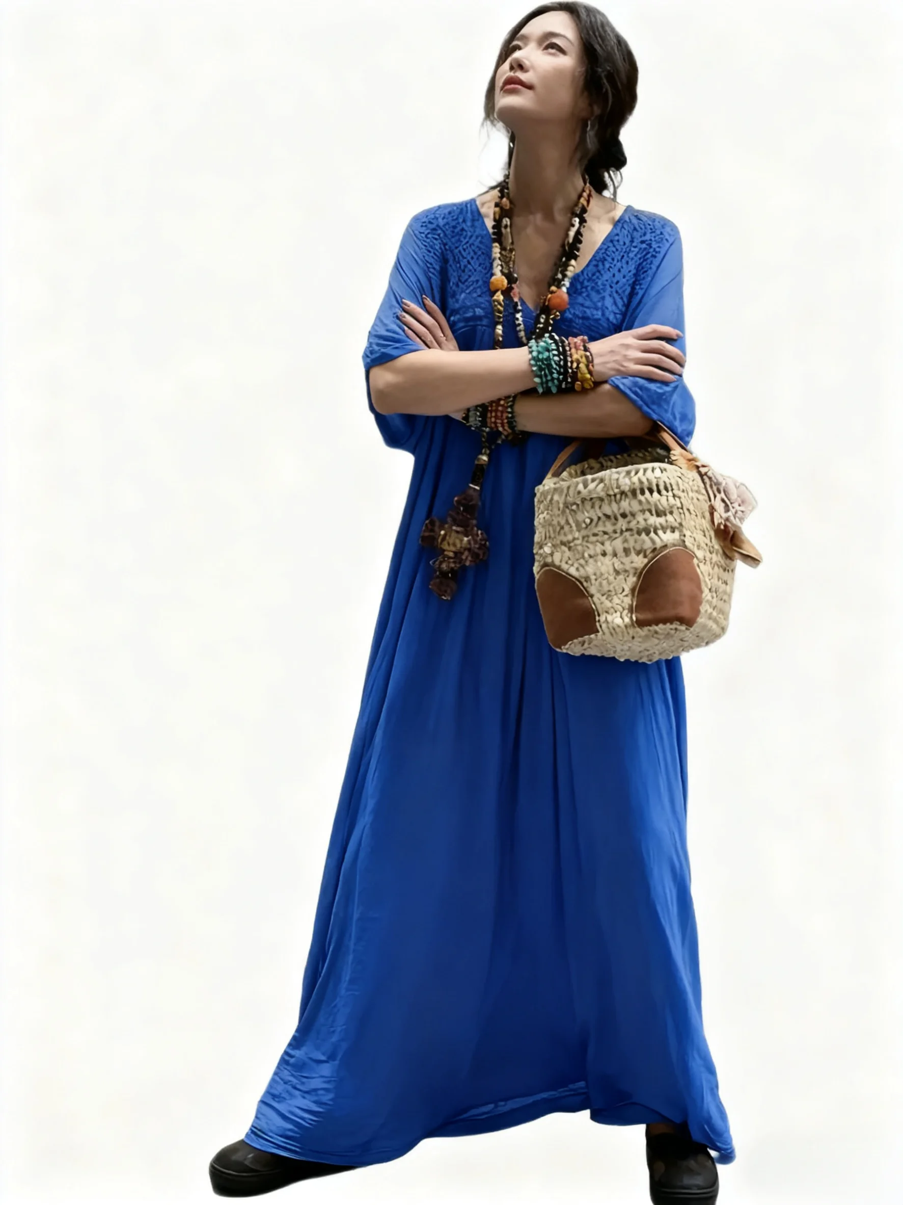 

Женское элегантное вязаное крючком платье макси с v-образным вырезом и карманами