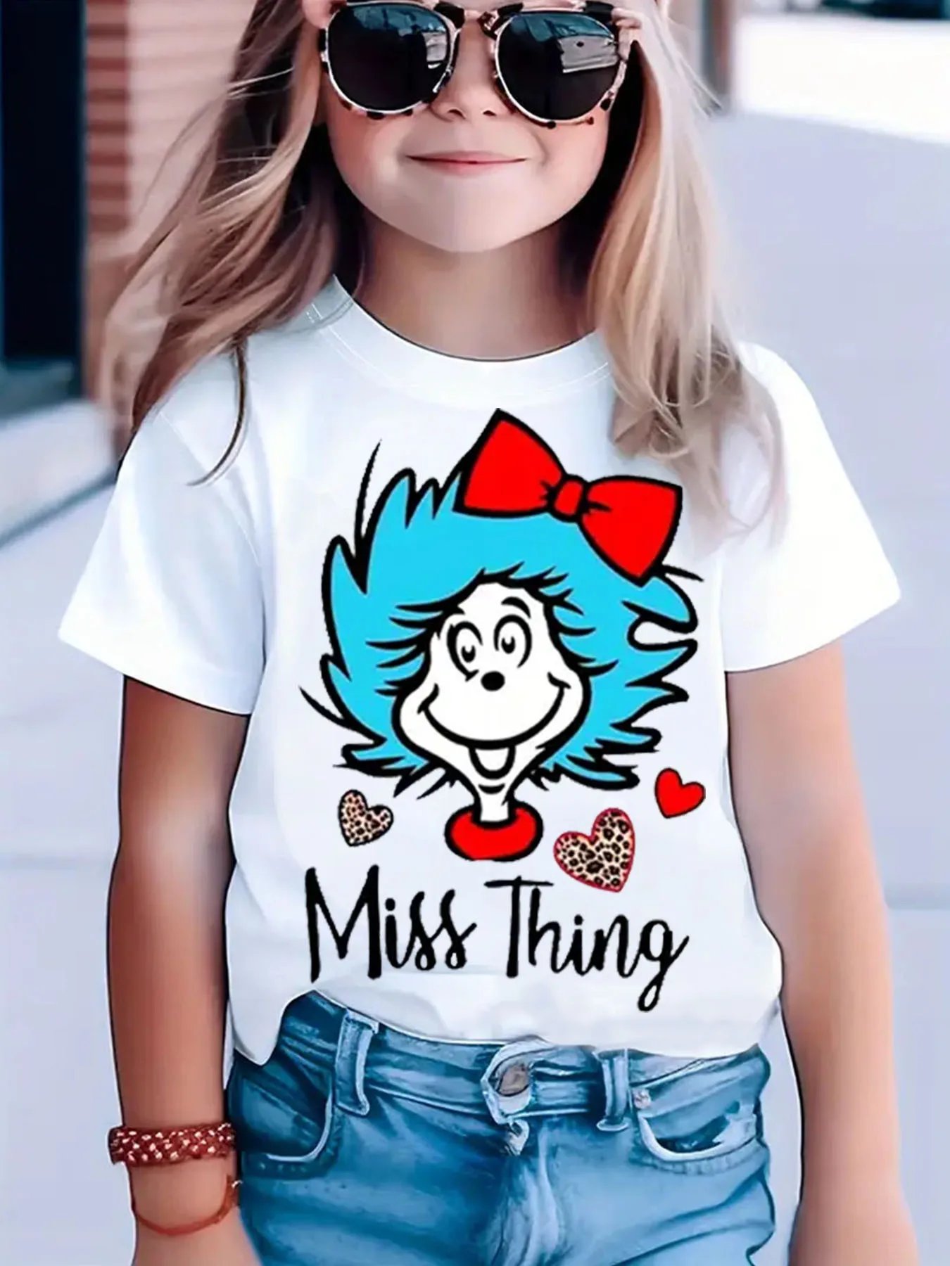 Mädchen-T-Shirt aus 100 % Baumwolle, lässig, mit Miss Thing Dr.Seuss-Grafik und Leopardenherzen, kurzärmelig, atmungsaktiv, Sommer-Outfit-Oberteile für Kinder
