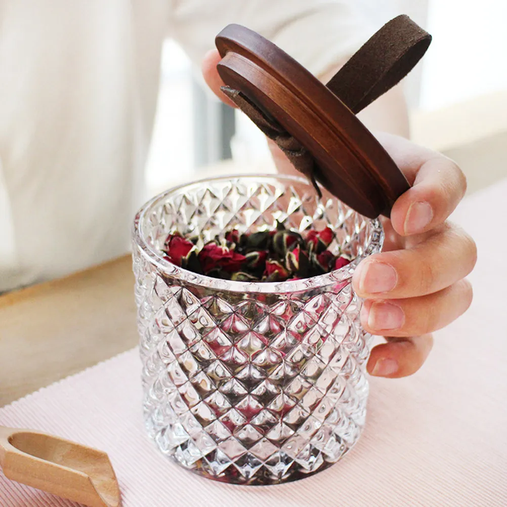1Pcs Premium Glass Storage Jar with Natural Wood Lid Clear Airtight Household Container for Kitchen Staples Multigrain Coffee