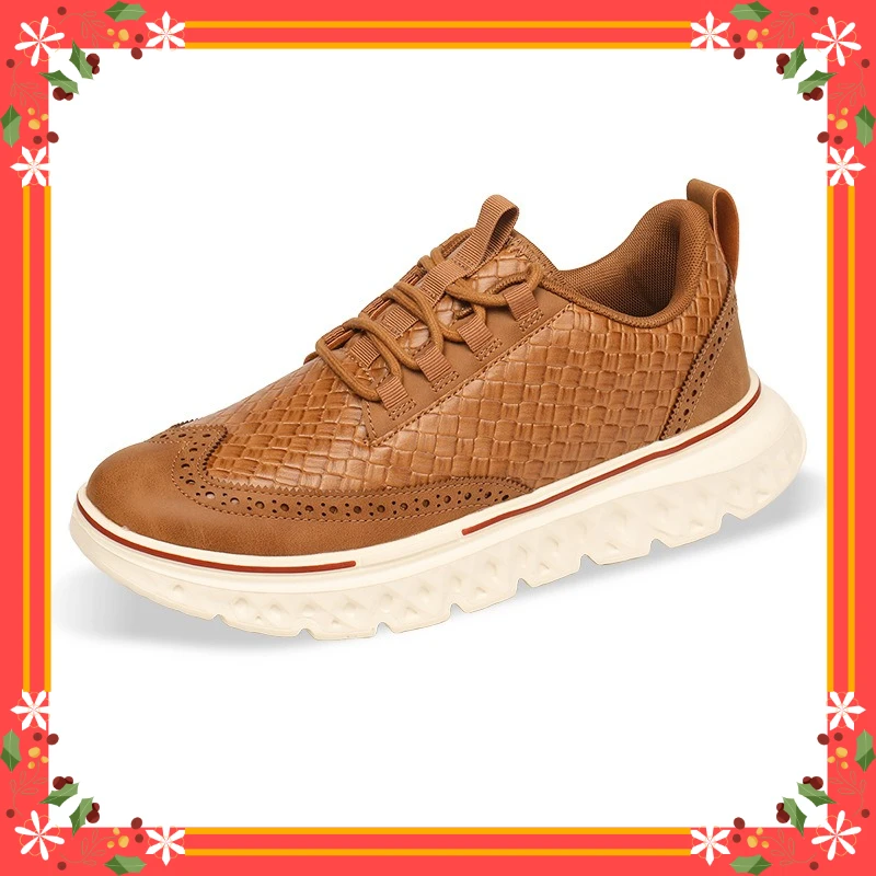 Men Fashion British Brogues Sneaker Artificial Leather Woven Texture Design Thick Sole Casual Non-slip Comfortable Walking Shoes