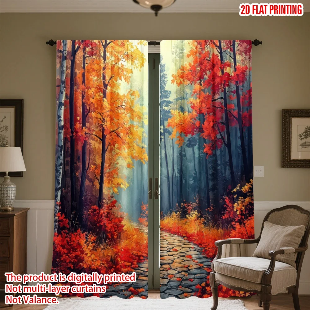 

2D flat printing 2pcs Scene Curtain Autumn Forest Pathway(3) Digital Printed Polyester Drapes Festive Holiday for New Year