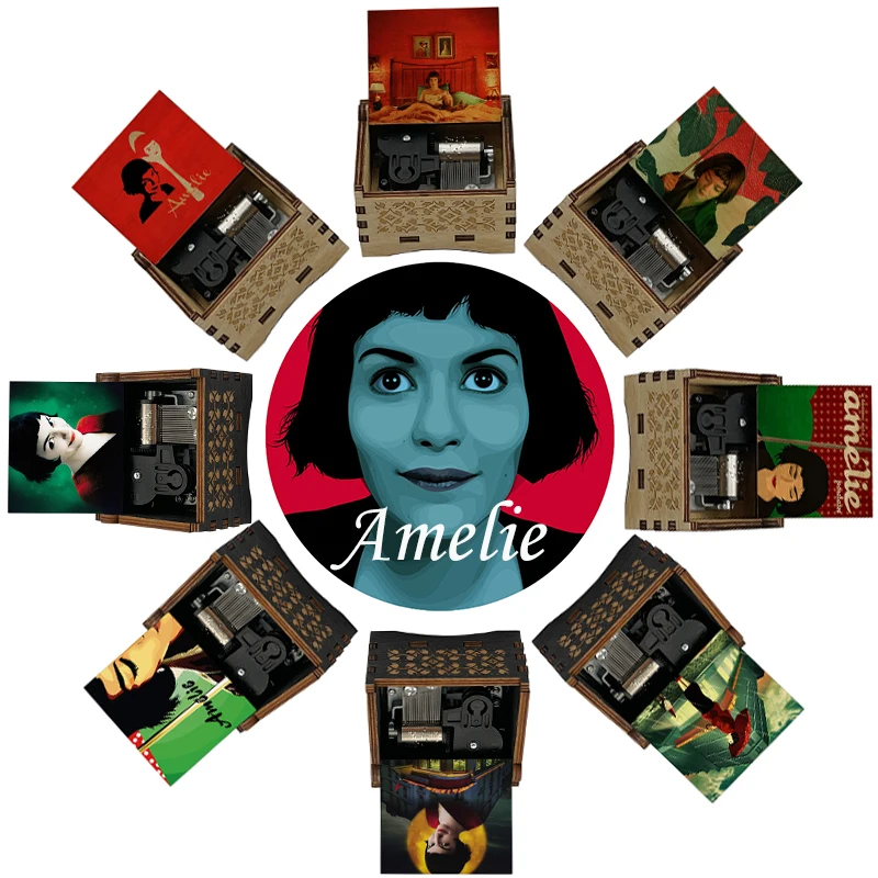 Caja de música de madera de película clásica Amelie, tema de La Valse D'Amelie impreso en color, regalo de cumpleaños familiar, bonita decoración navideña