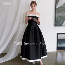 TAFN Ankle-Length Black Evening Party Dresses Boat Neck Off the Shoulder  Draped Satin Korea Wedding Shoot Dress Customized