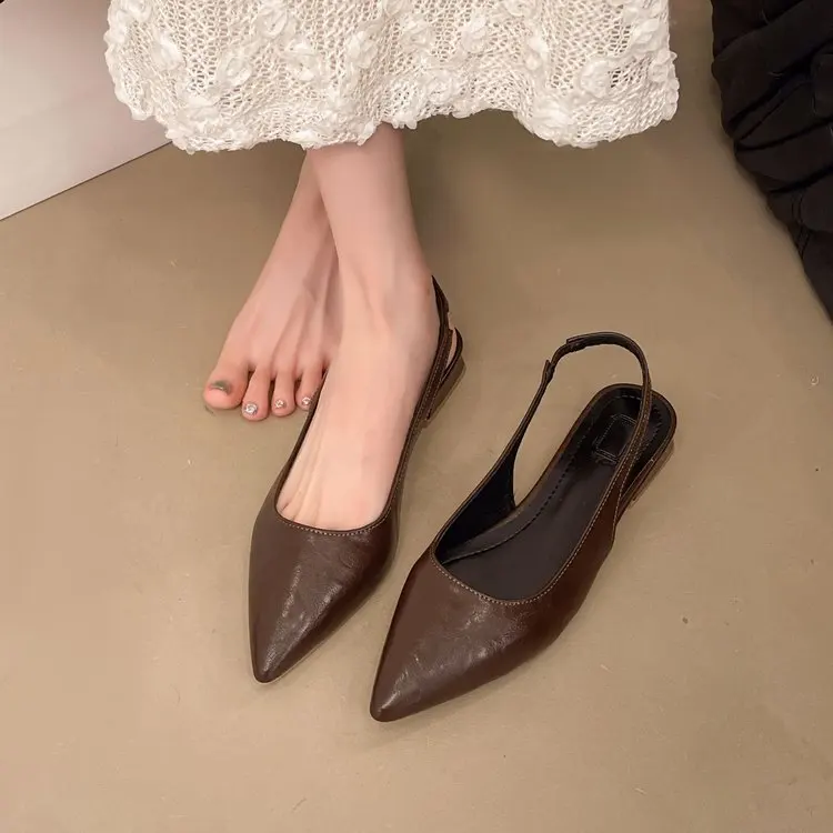 

Women's Leather Pointed Toe Slingback Slip-on Low Heeled Sandals Soft Comfortable Casual Female Summer Daily Pumps Footwear Shoe