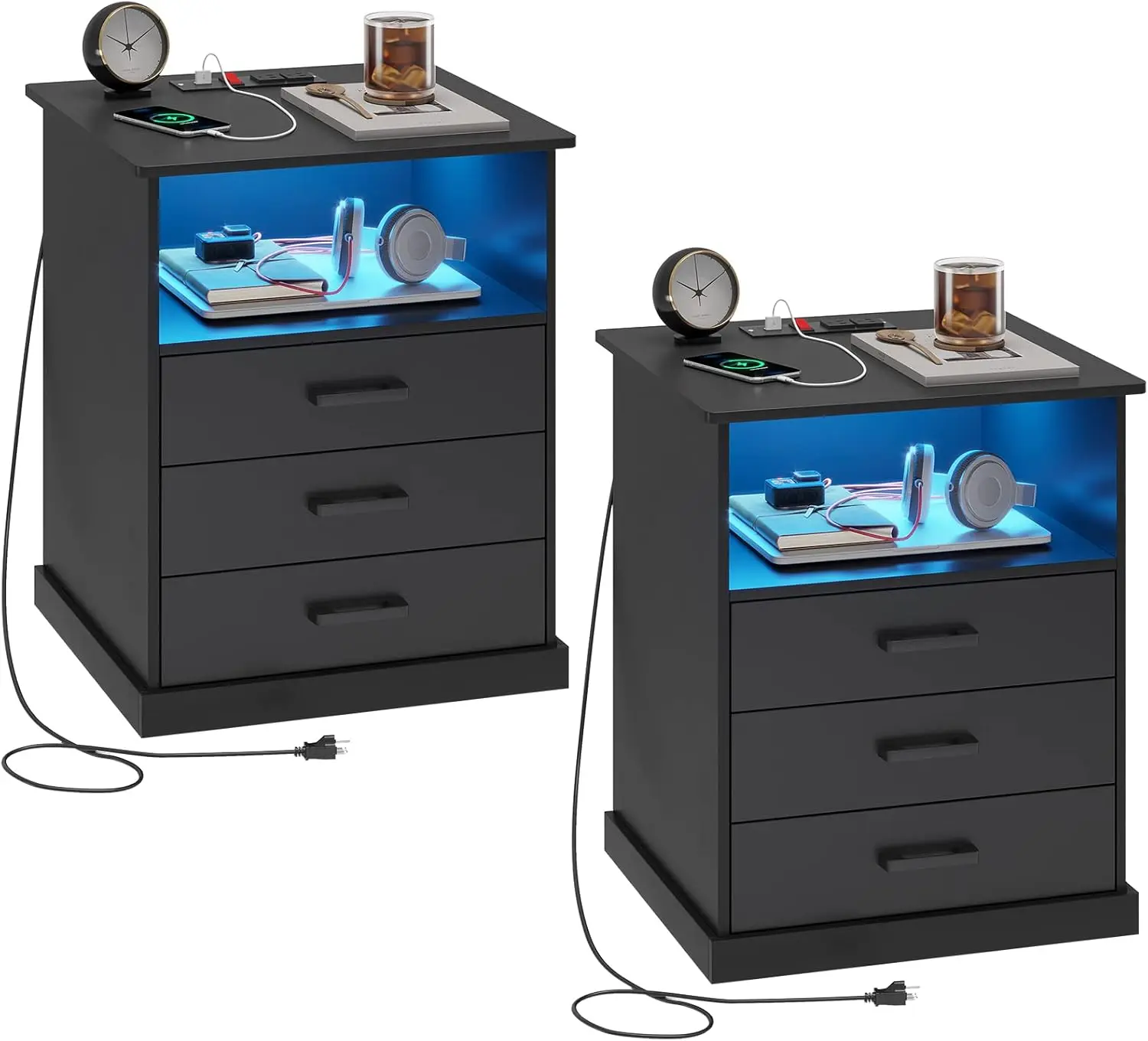

Nightstands Set of 2 with Charging Station and LED Lights, Large Bedside Table with 3 Storage Drawer, Black Night Stand for Bedr