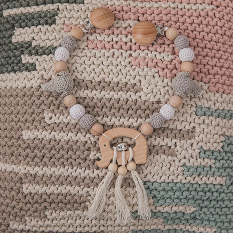 Baby Wooden Pacifier Clip Chain Teether Toys Crochet Elephant Beads Stroller Hanging Pendant Cart Chain Nipple Clip Teether Toys