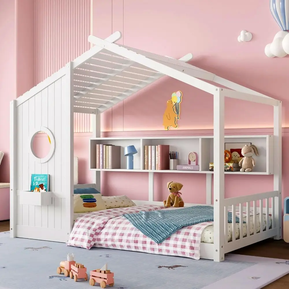 

Twin-Sized Wooden Playhouse Bed for Kids with Storage and Window, Suitable for Girls & Boys in White