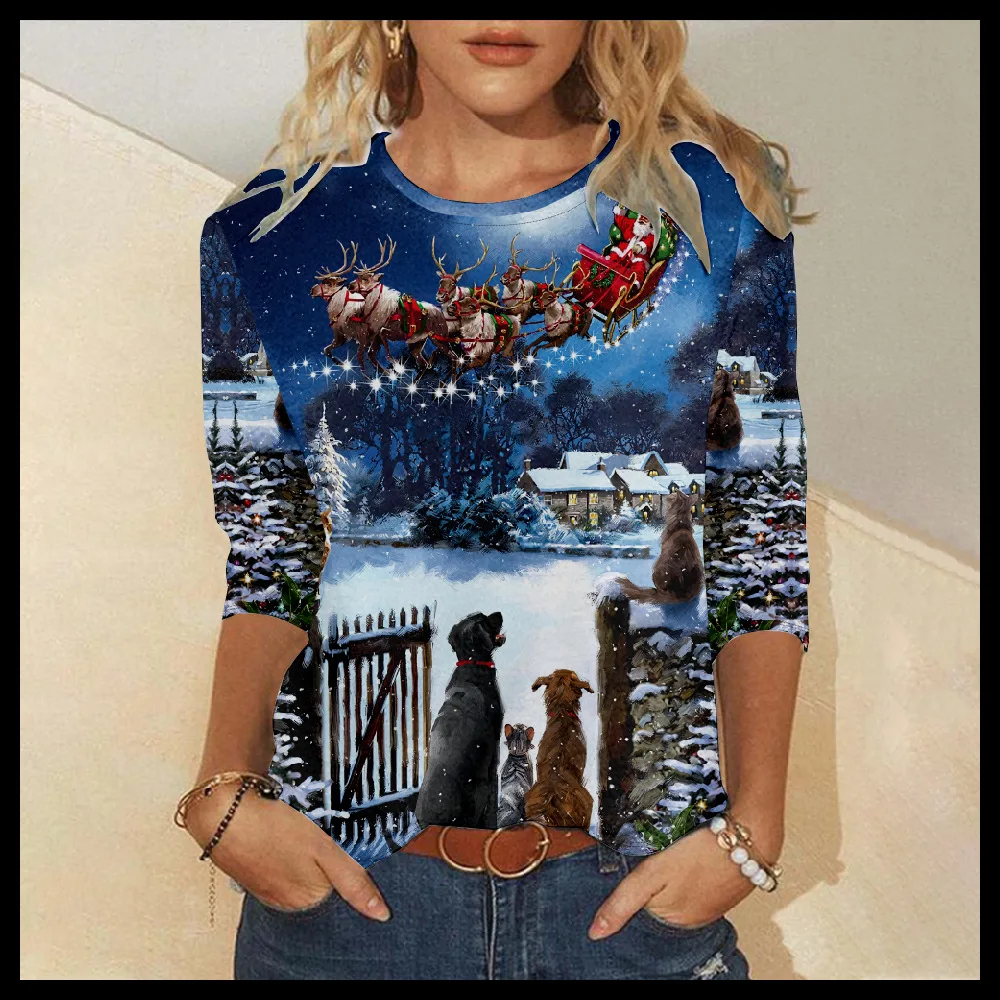 

Fashion Tops Tee Shirt Casual Tops Long Sleeve T-shirt Autumn Winter Women Christmas Print Pullover