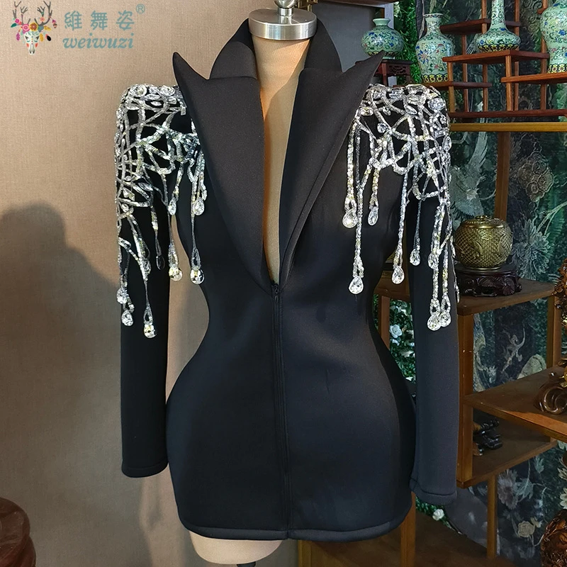 Sparkly Pailletten Steentjes Grote Mouwen Zwarte Jas Sexy Zanger Danser Nachtclub Jazzdans Kostuum Prestaties Show Stadium Slijtage