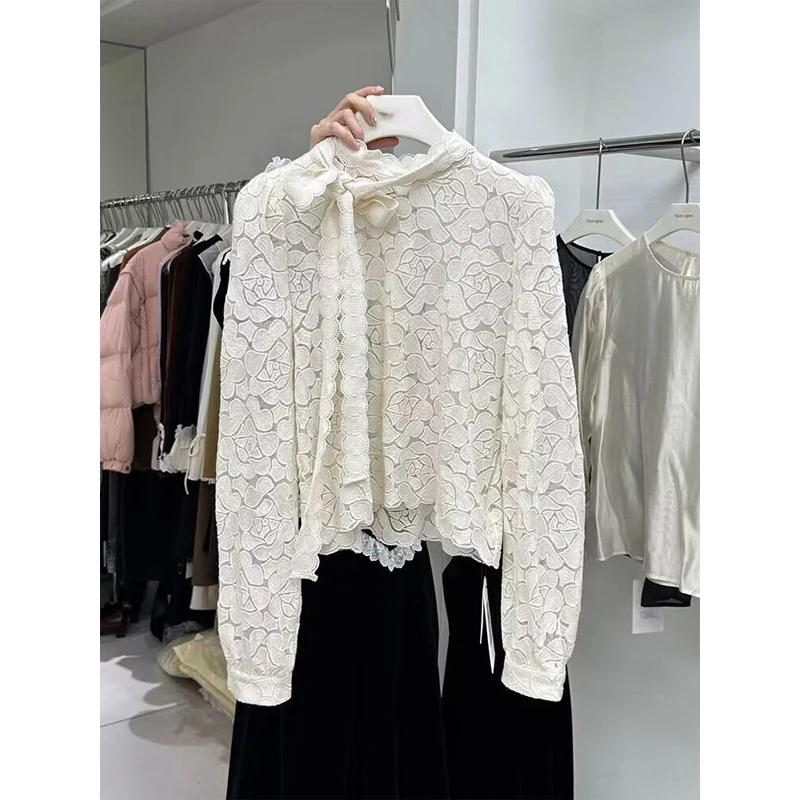 

French Style Loose Fit Lace Shirt Women's Spring 2025 Knot Long Sleeve Top Breathable Skin-Friendly Casual Wear