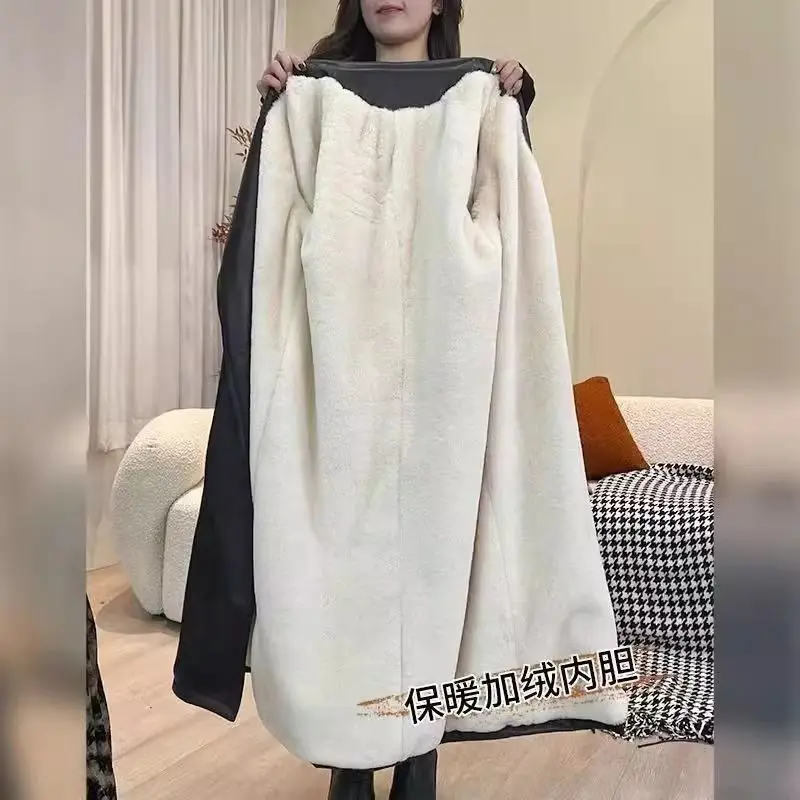 Winter Wool-Lined Long Leather Coat Women's Warm Trench Coat Belt Windproof Snowwear PU Leather Windbreaker Black Trendy