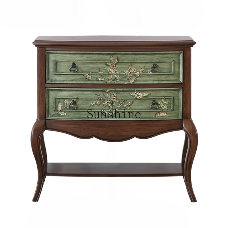 

Mediterranean old green porch decoration American painted two-bucket drawer storage cabinet