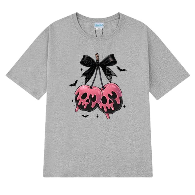 Camiseta Gótica de Halloween con estampado de esqueleto de cereza camiseta retro femenina