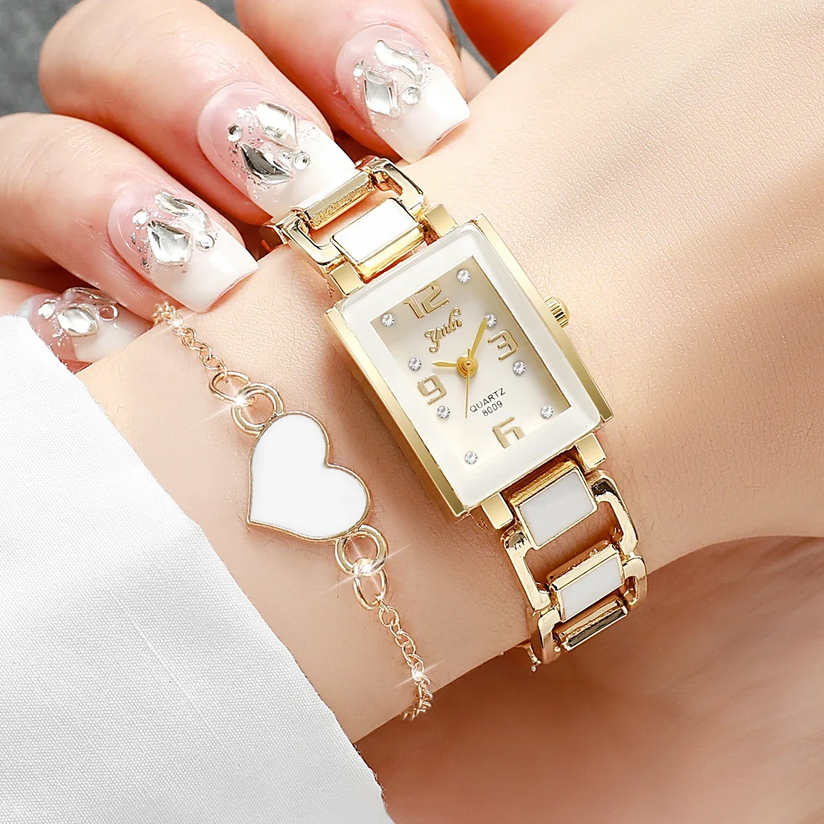2PCS Fashion Square Women Watches Heart Bracelet Set Elegant Ladies Quartz Wristwatch Reloj MujerWithout Box