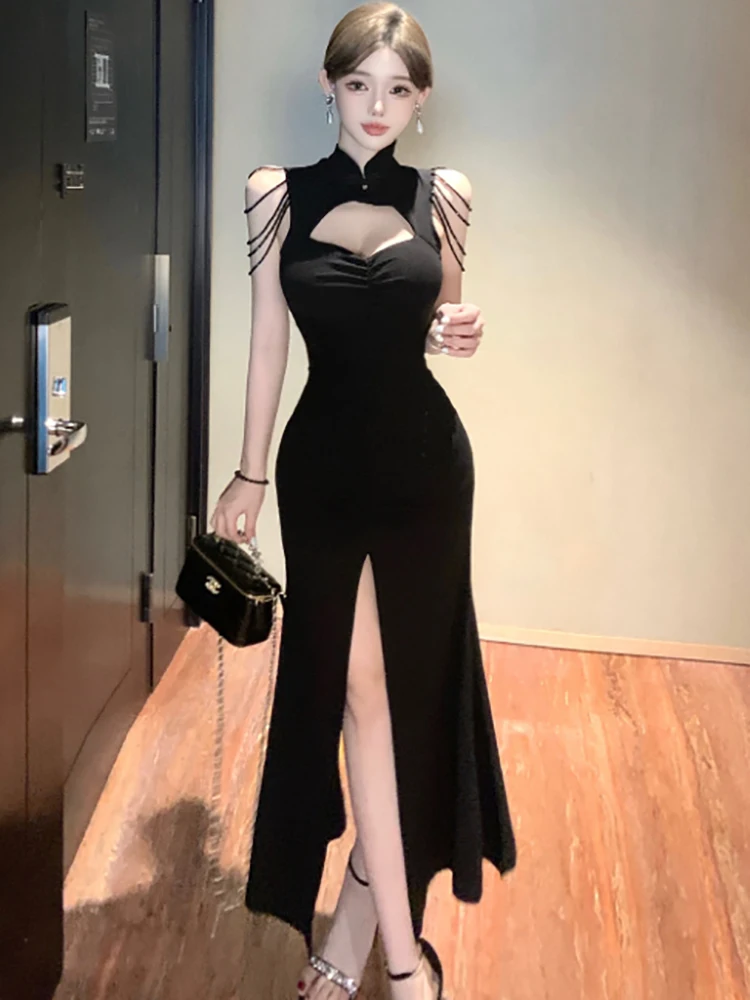 Feminino vermelho plissado bodycon oco para fora sexy vestido longo 2025 coreano vintage vestido de luxo verão elegante sem mangas vestido de baile