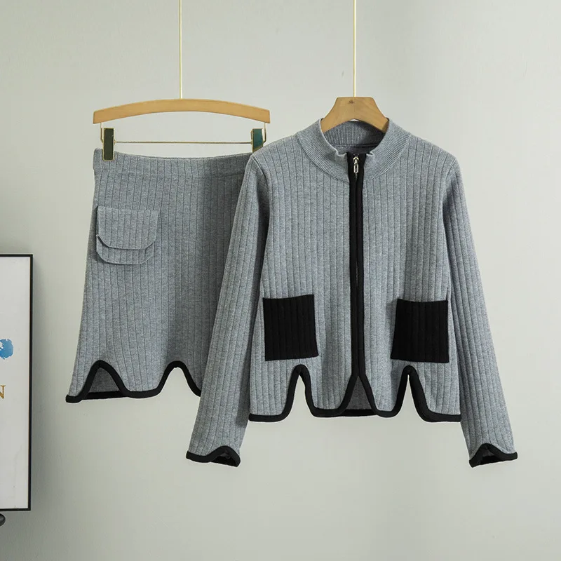 

Women Korean Knitwears 2 Piece Sets Spring Fall Zipper Knitted Sweater Solid Cardigan Tops Women High Waist Skirts Outfits B504