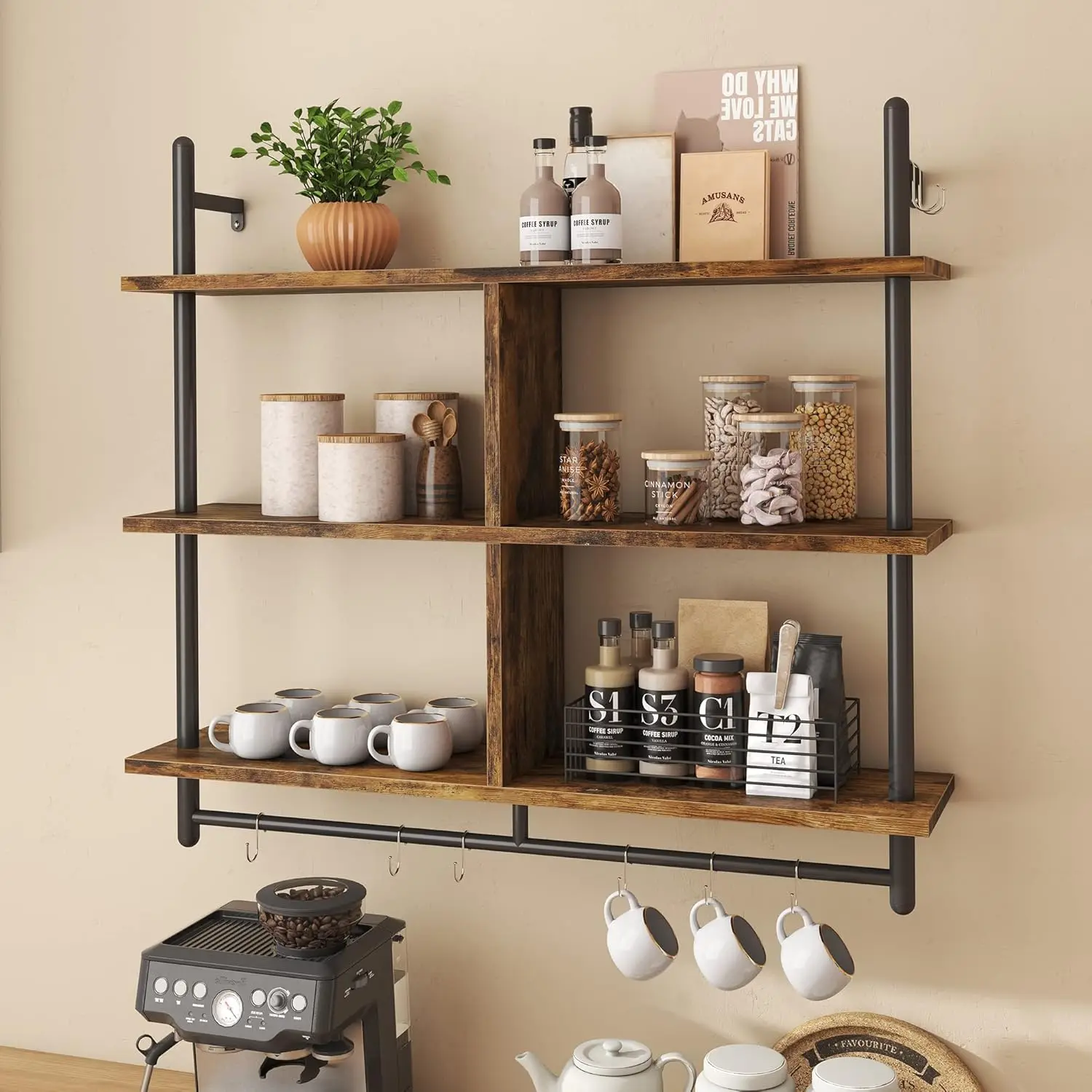 

41.5' 3-Tier Floating Wall Shelves with 8 Hooks Industrial Kitchen Living Room Bathroom Display Shelf