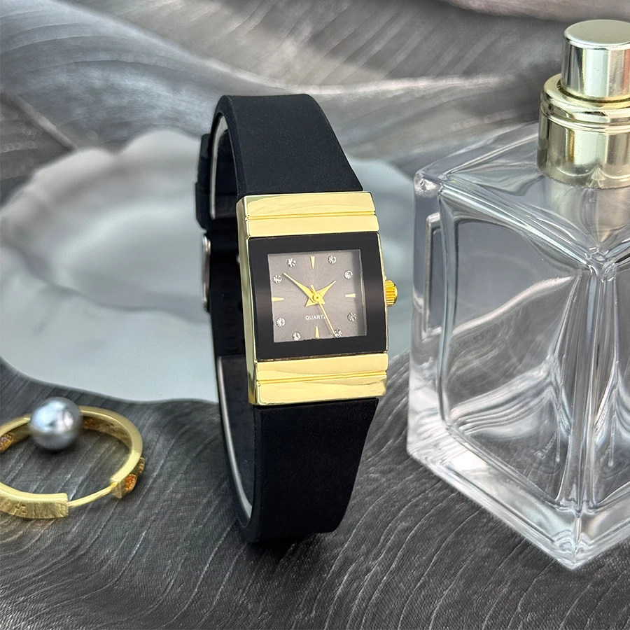 Luxury Rectangular Silicone Gold Quartz Watch Vintage Simple Design with Diamond Square Sugar Elegant Feel Manufacturer Stock