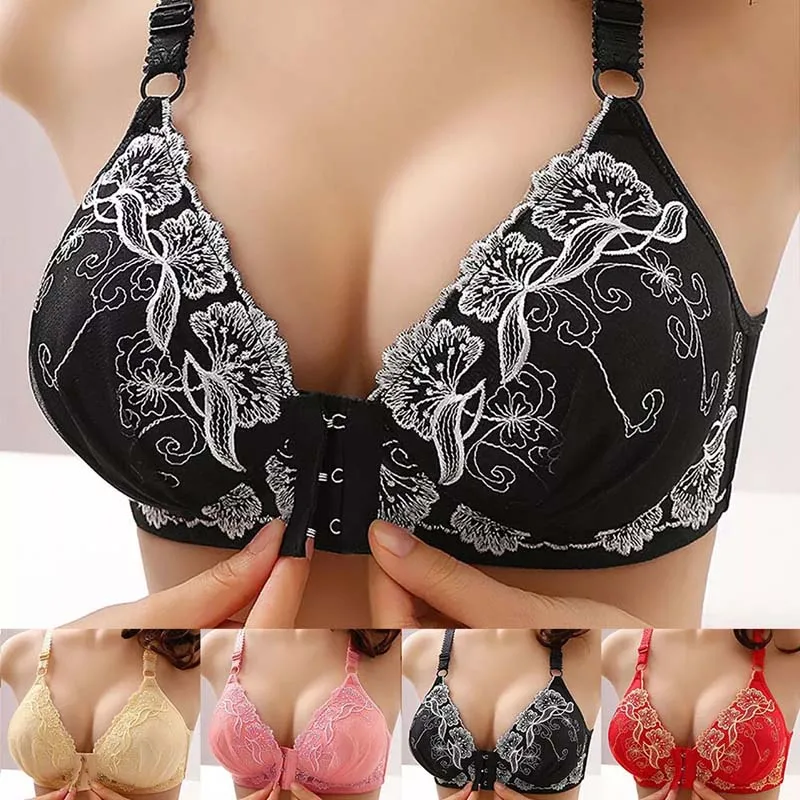 Women's Sexy Printed Gathered Bra Deep V Front Fastening Push Up Bra Thin Comfort Soft Cup Bralette Mom's Underwear