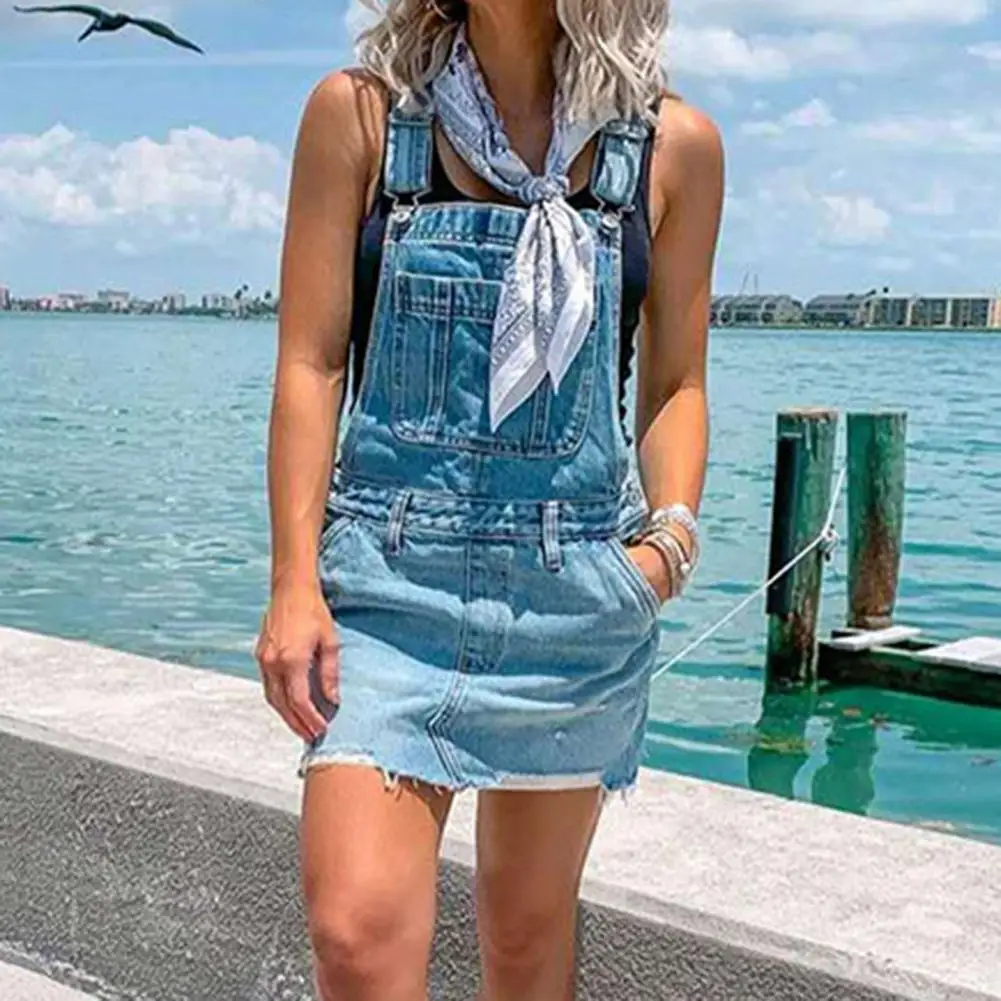 

Women Solid Color Strap Jean Print Sleeveless Suspender Skirt Summer Short Denim Mini Denim Dress with Pockets for Girls