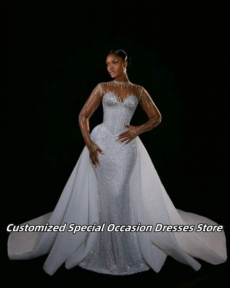 Glitter Mermaid Prom Dress With Transparent Collar Sleeves Nigerian Evening Dresses Luxury Sequin Wedding Party Gowns Customized