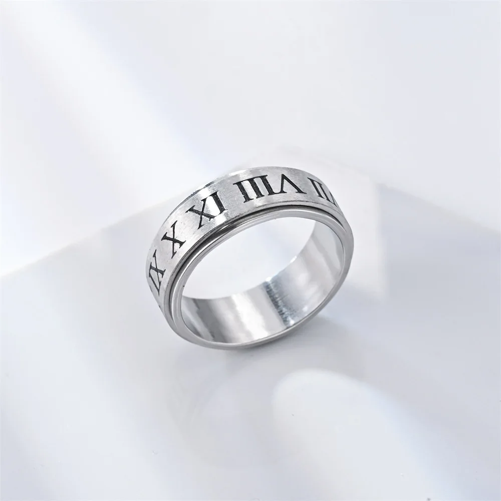 

Stainless Steel Rotatable Ring with Roman Numerals Stress-Reducing Design Adjustable Unisex Jewelry for Valentine's Day
