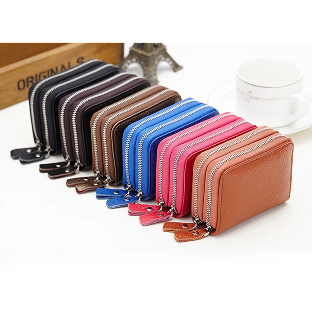 

Genuine Cowhide Small Wallet Coffee Double Zipper Coin Pocket Id Holder Credit Card Organizer Gift For Men