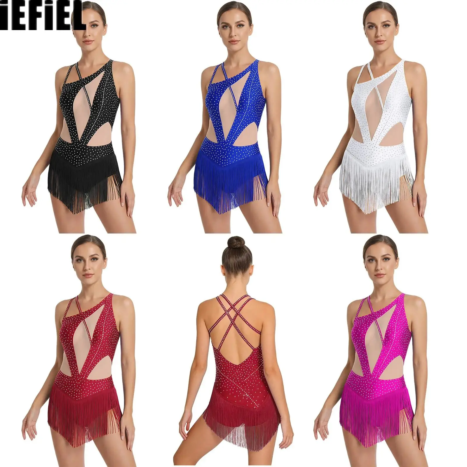 

Womens Latin Dance Leotard Sheer Mesh Patchwork Tassel Waist Strappy Backless Buttoned Crotch Leotard Jumpsuit Dancewear