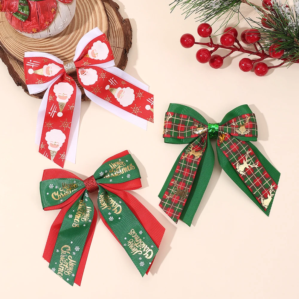 عيد ميلاد سعيد القوس مقاطع الشعر للفتيات طبقة مزدوجة الشريط Bowknot دبابيس الشعر الذهب الغزلان طباعة مشبك الأطفال إكسسوارات الشعر #1